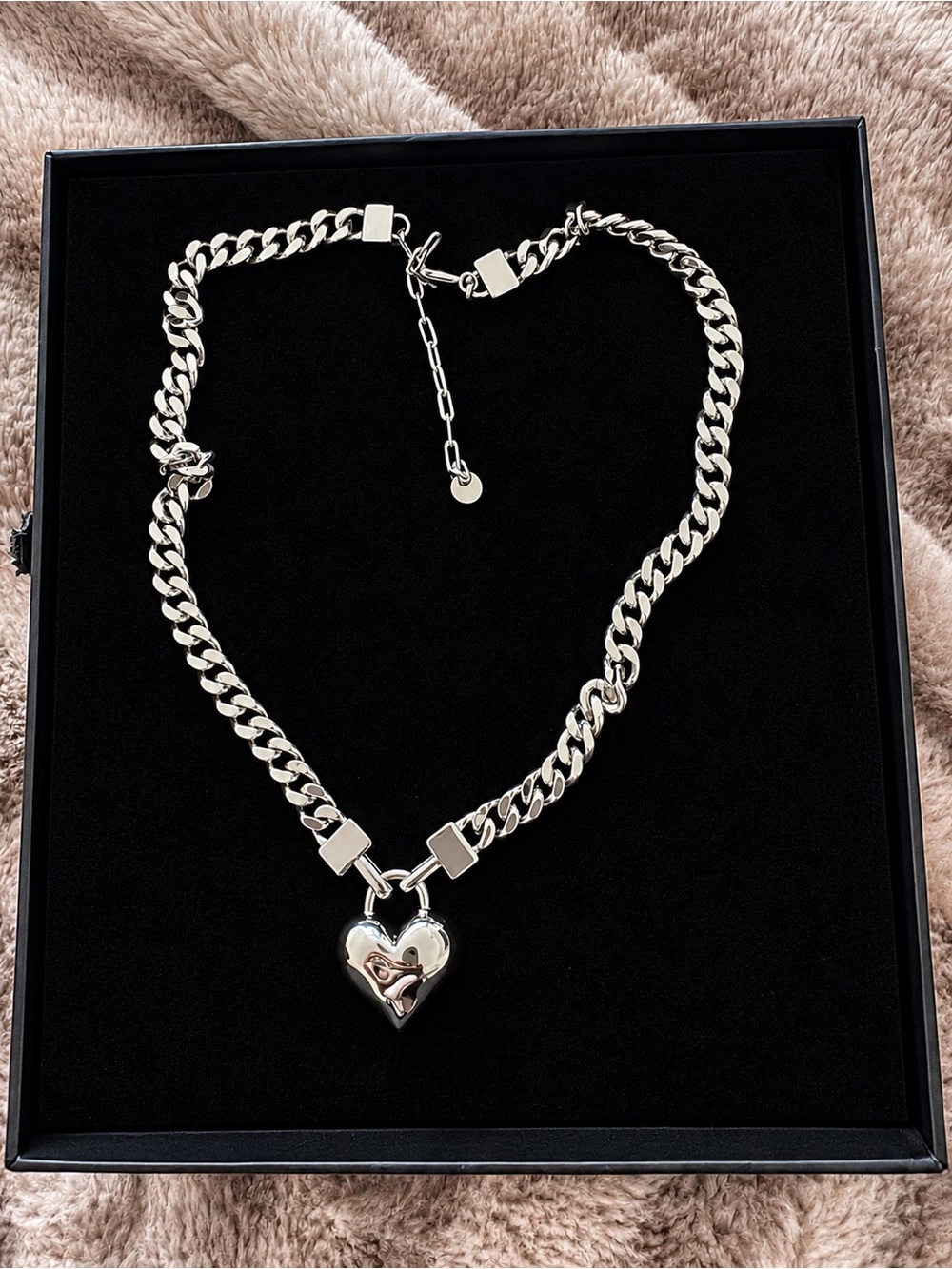 Polished Silver Heart Lock Pendant Chain Necklace - Women's Jewelry